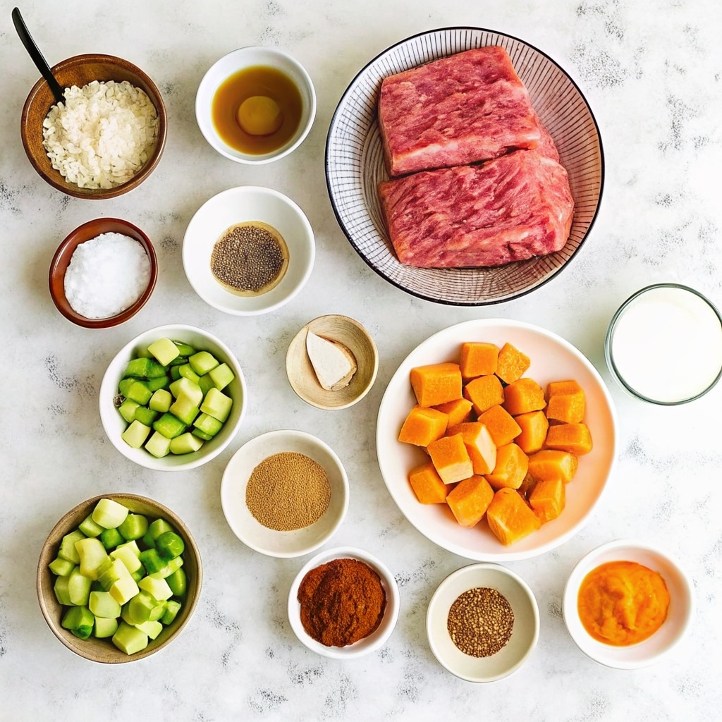 ingredients for sweet potato cottage cheese bowl including ground beef, cubed sweet potatoes, seasonings, and fresh vegetables