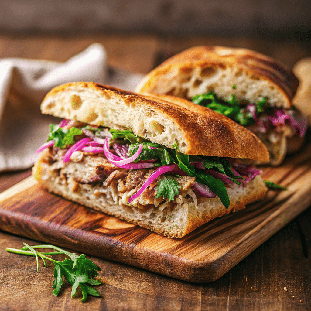 Buona Beef Tuna Genovese sandwich on ciabatta