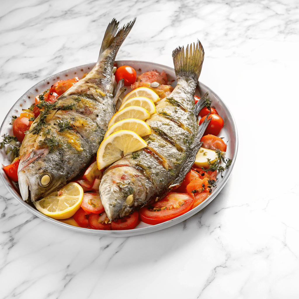 Gilt head bream recipe served with potatoes and lemon on Mediterranean table