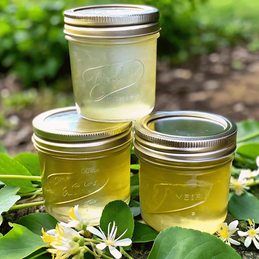 Honeysuckle jelly recipe in jar with fresh flowers