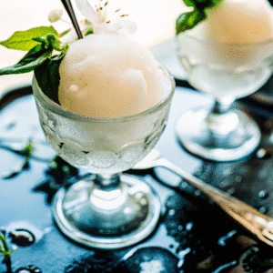 Honeysuckle sorbet recipe in bowl with fresh blossoms