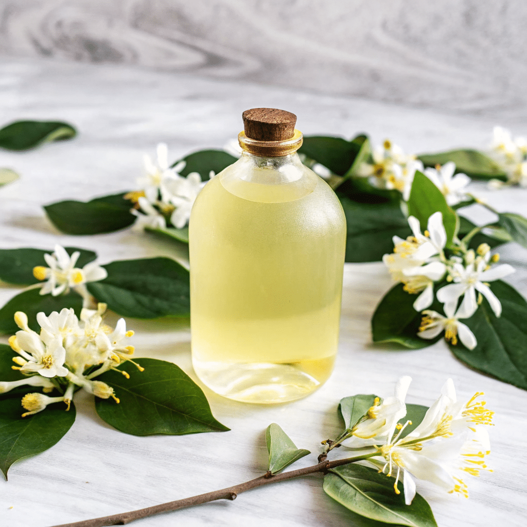 Honeysuckle syrup recipe in glass bottle