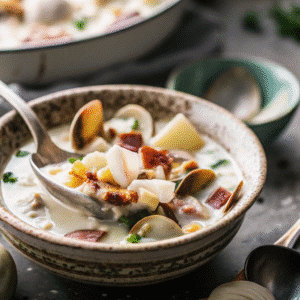 quahog chowder recipe in a rustic bowl