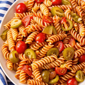 Bloody Mary pasta salad in a white bowl with bold ingredients