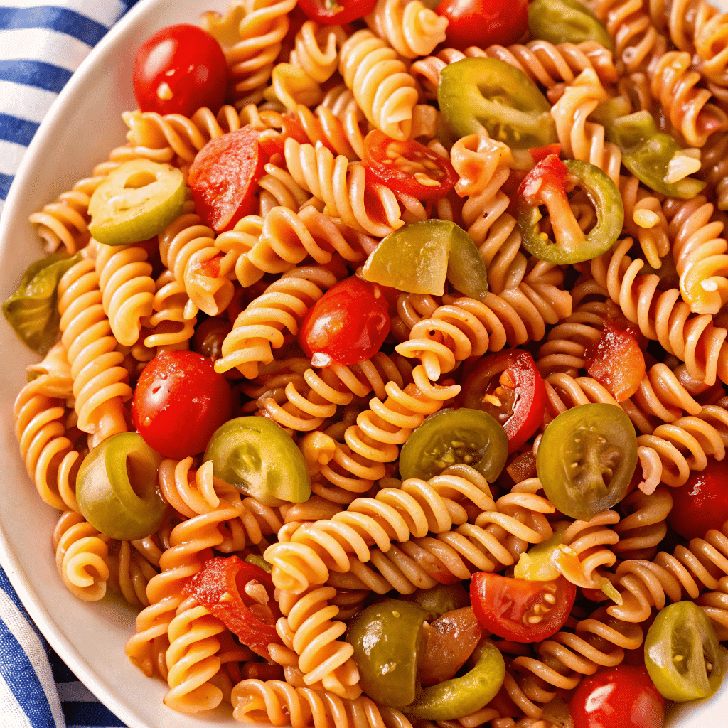 Bloody Mary pasta salad in a white bowl with bold ingredients