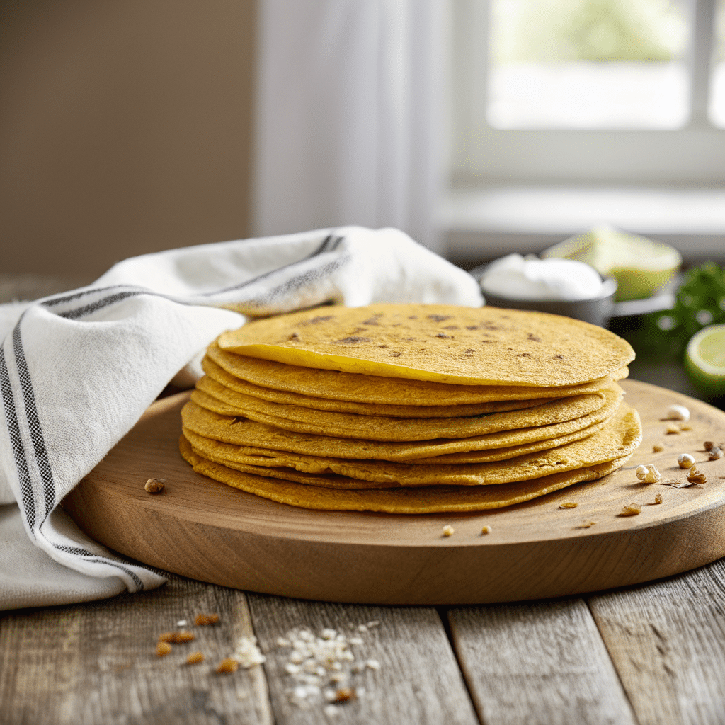 Homemade tortillas for tacos on rustic table