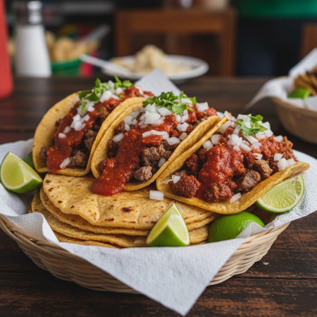 Taco campechano sauce on tacos with lime and cilantro