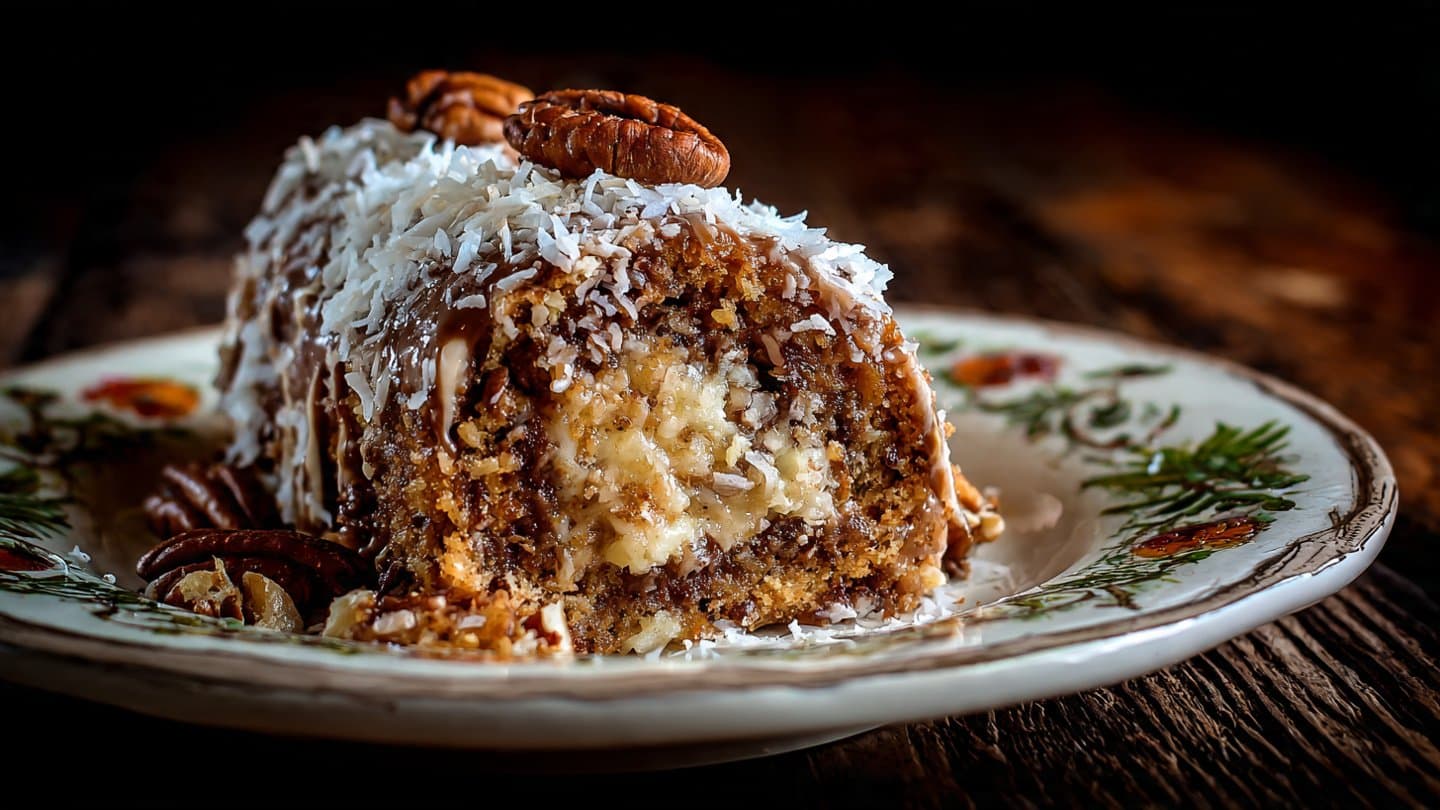 Decadent German Chocolate Coconut Pecan Roll Cake