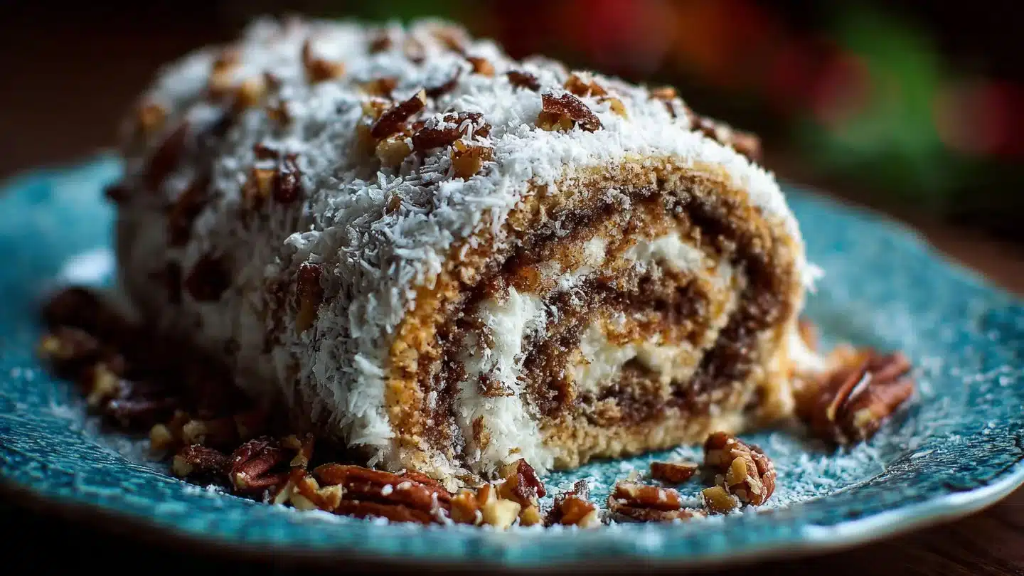 Decadent German Chocolate Coconut Pecan Roll Cake