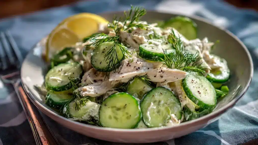 Cucumber Dill Rotisserie Chicken Salad bowl with fresh ingredients