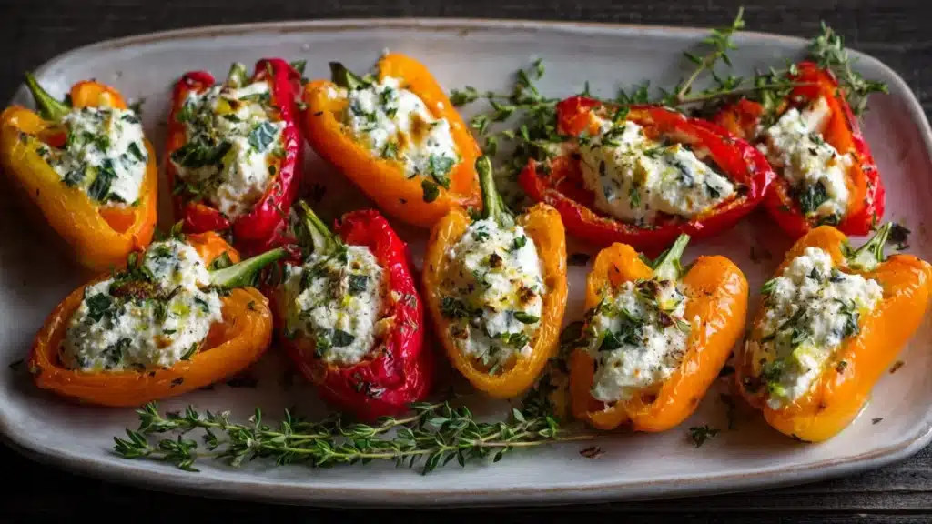 Delicious goat cheese stuffed mini peppers appetizer on a platter