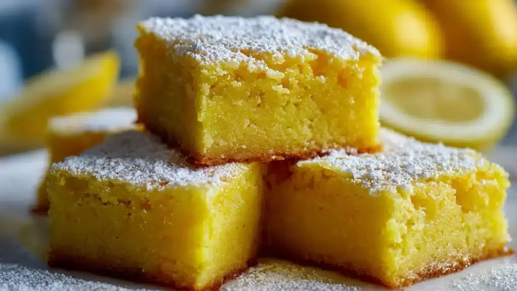 Delicious lemon brownies with a zesty lemon glaze on a white plate