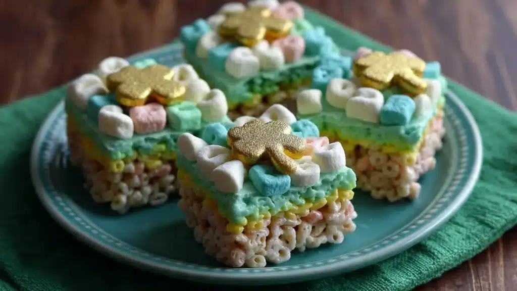 A colorful plate of homemade Lucky Charms Treats with marshmallows and cereal.