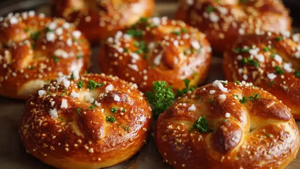 Cheesy mozzarella stuffed soft pretzels on a wooden board