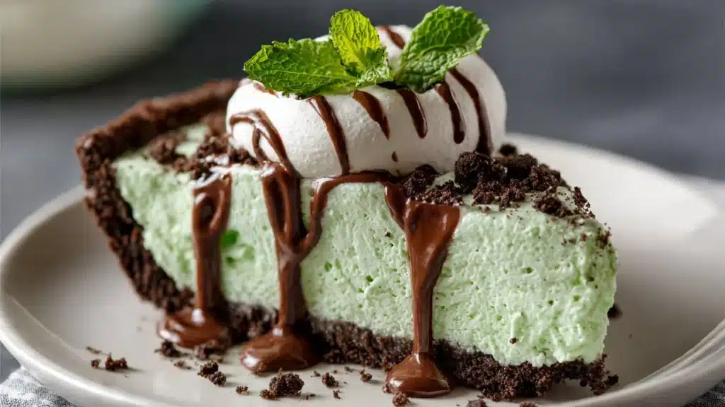 No-bake grasshopper pie with mint and chocolate filling on a graham cracker crust