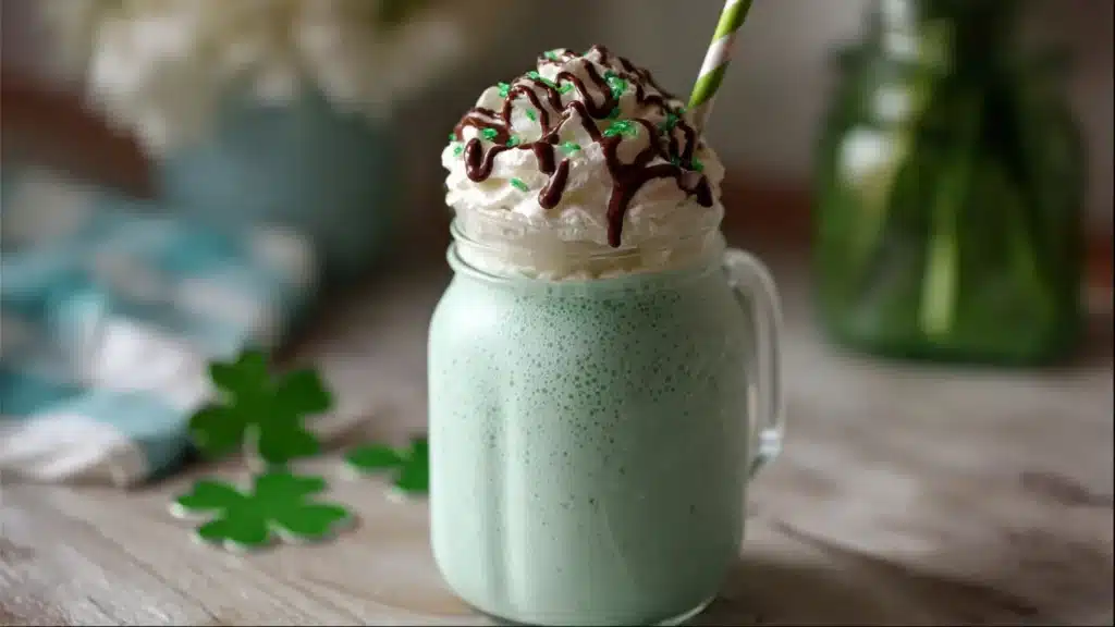 A refreshing Shamrock Shake in a festive glass topped with whipped cream and a cherry.