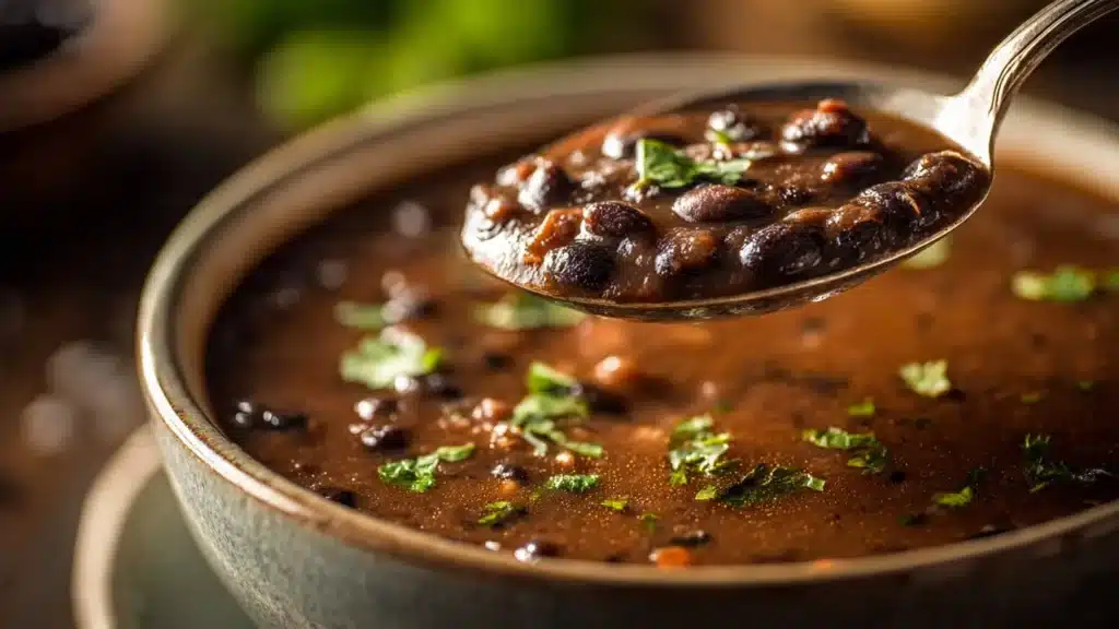 Bowl of homemade black bean soup garnished with cilantro and lime.