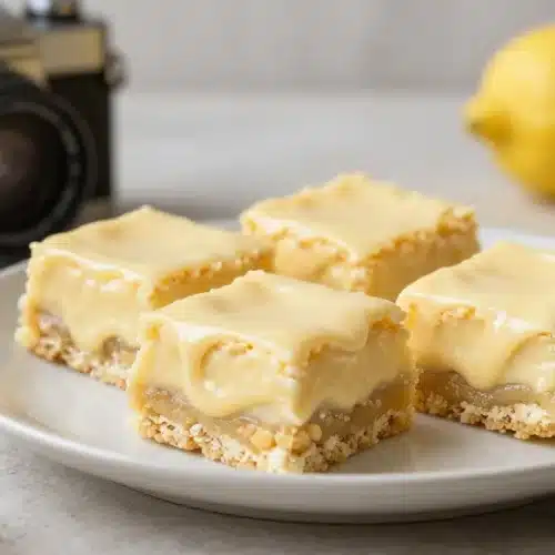 Delicious creamy lemon squares served on a plate.