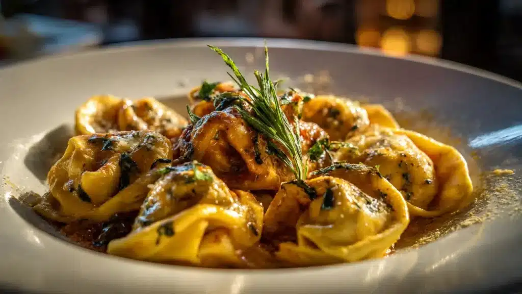 Creamy roast garlic and lemon pasta sauce in a bowl with fresh herbs.