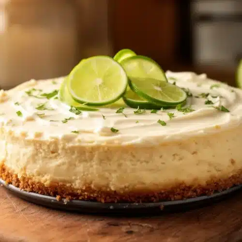 Slice of easy key lime cheesecake topped with whipped cream and lime zest