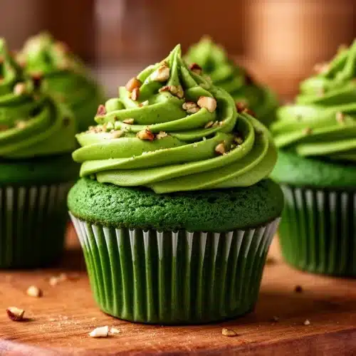 Freshly baked Green Velvet Cupcakes topped with cream cheese frosting