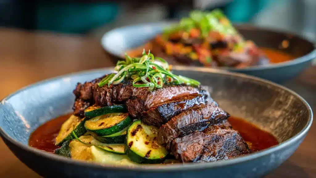 Delicious Grilled Steak Bowl with sauce and grilled zucchini served in a bowl