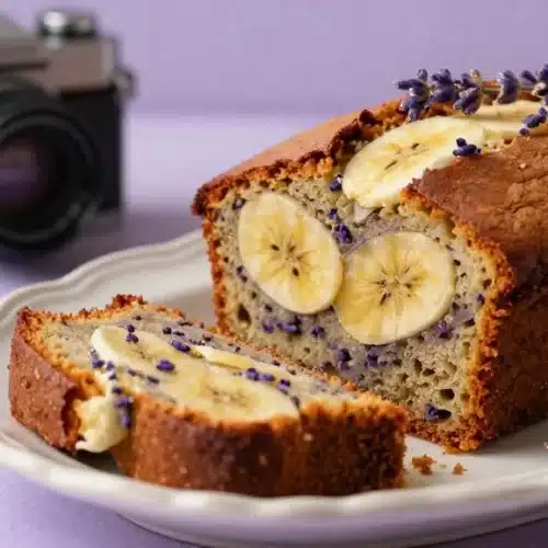 Sliced heavenly lavender banana bread on a wooden table.