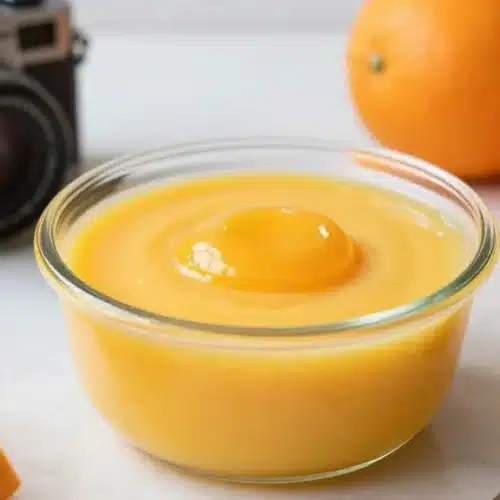 Homemade eggless and dairy-free orange curd in a jar with oranges