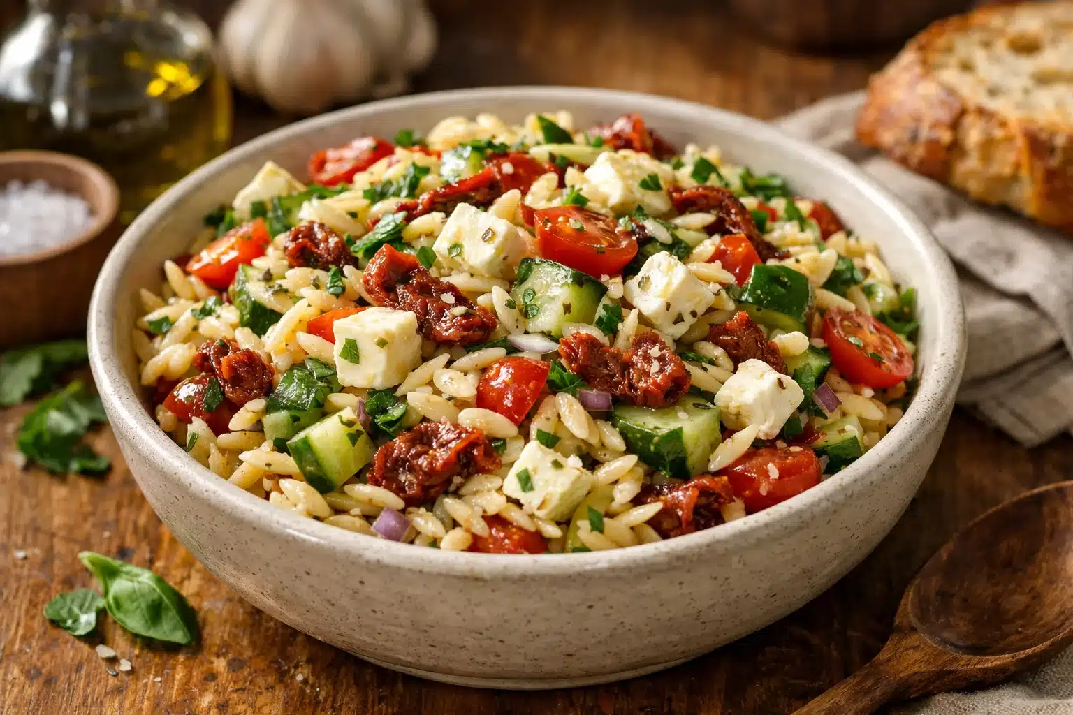Homemade Orzo Pasta Salad with Feta and Sun Dried Tomatoes