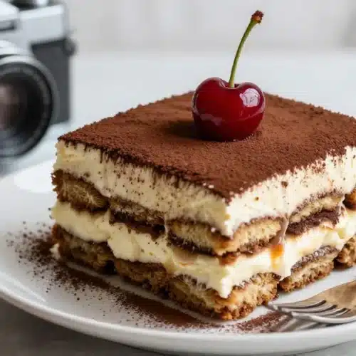 Cherry Amaretto Tiramisu dessert topped with cherries and a sprinkle of cocoa.
