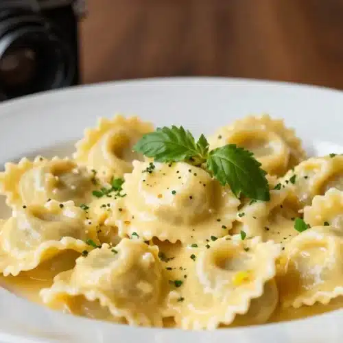 Delicious Lobster Ravioli served with a rich lemon butter sauce