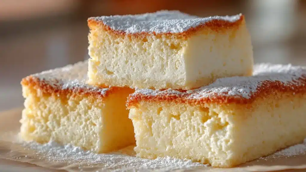 Slice of Magic Custard Cake showing its unique layered texture