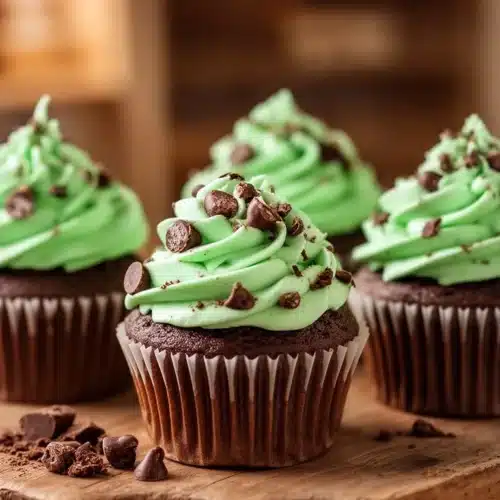 Decadent mint chocolate cupcakes topped with creamy mint frosting and chocolate chips.