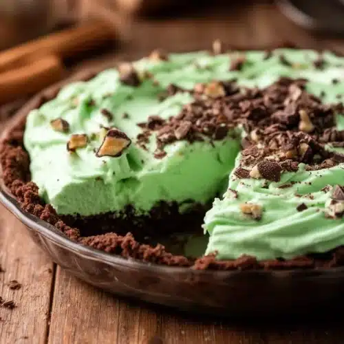 Delicious no bake mint chocolate pie topped with chocolate shavings and mint leaves