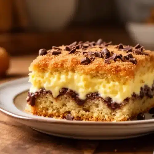 Delicious No-Bake Twinkie Pudding Cake topped with whipped cream and sprinkles.