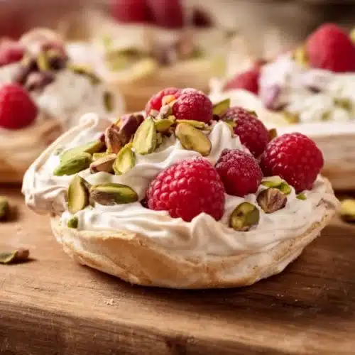 Pistachio & Raspberry Meringue Nests decorated with raspberries