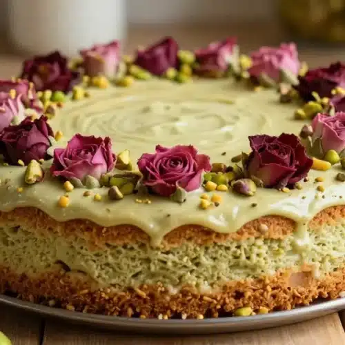 Slice of Pistachio Rose Milk Cake adorned with rose petals and pistachios.