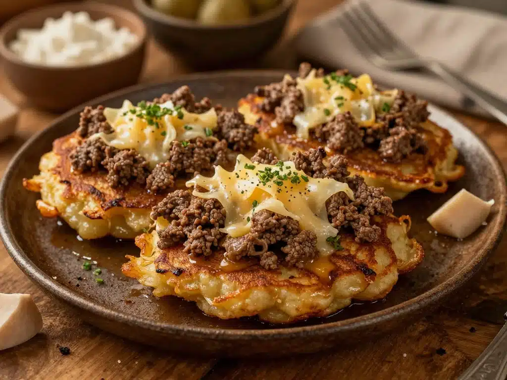 Potato Pancakes with Savory Beef and Cheese