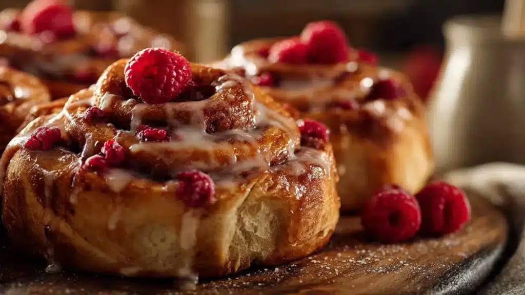 Fresh raspberry cinnamon rolls drizzled with lemon glaze