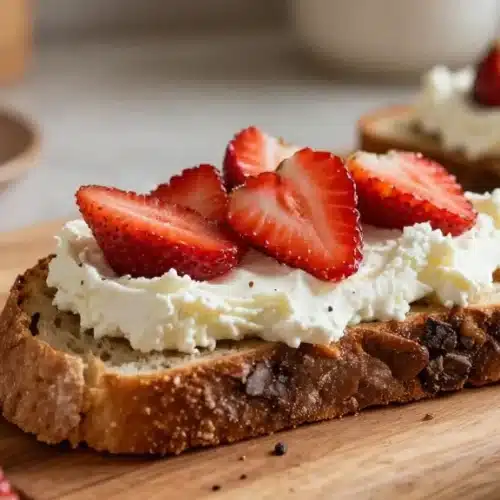 Roasted strawberry whipped ricotta toast served on a rustic plate