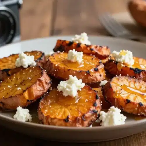 Roasted sweet potato rounds topped with honey and feta cheese