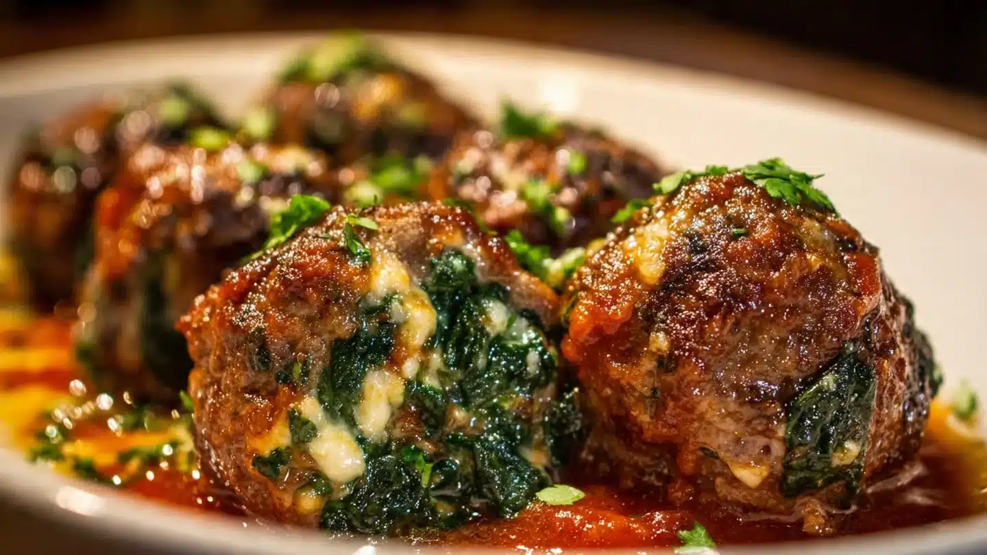 Spinach Garlic Meatballs Stuffed with Mozzarella