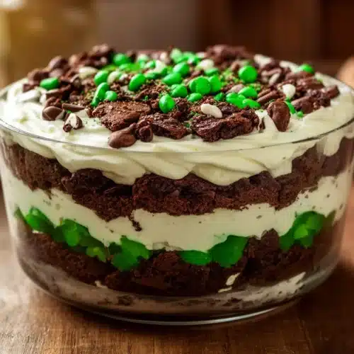 Delicious St. Patrick's Day brownie trifle dessert with layers of brownies and cream
