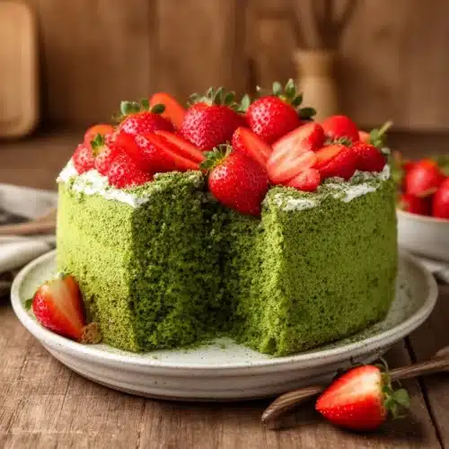Slice of Strawberry Matcha Cake garnished with fresh strawberries and matcha powder.