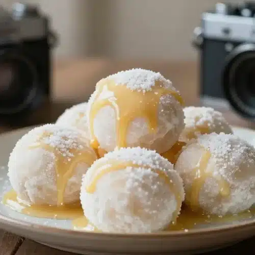 Sweetened condensed milk snowballs on a decorative plate