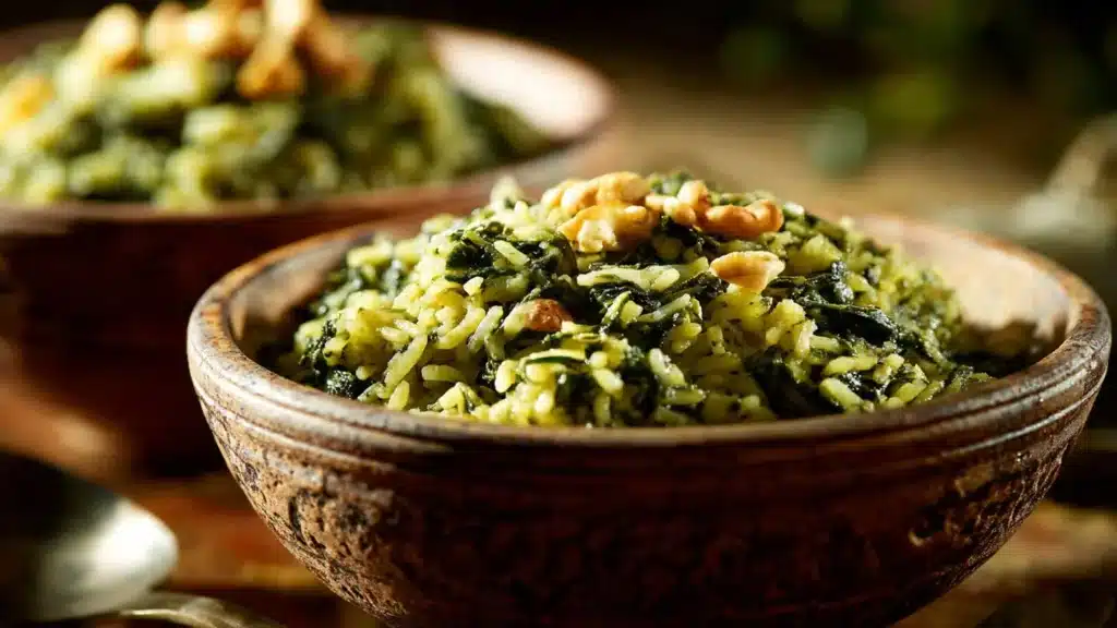 Bowl of creamy spinach rice garnished with fresh herbs