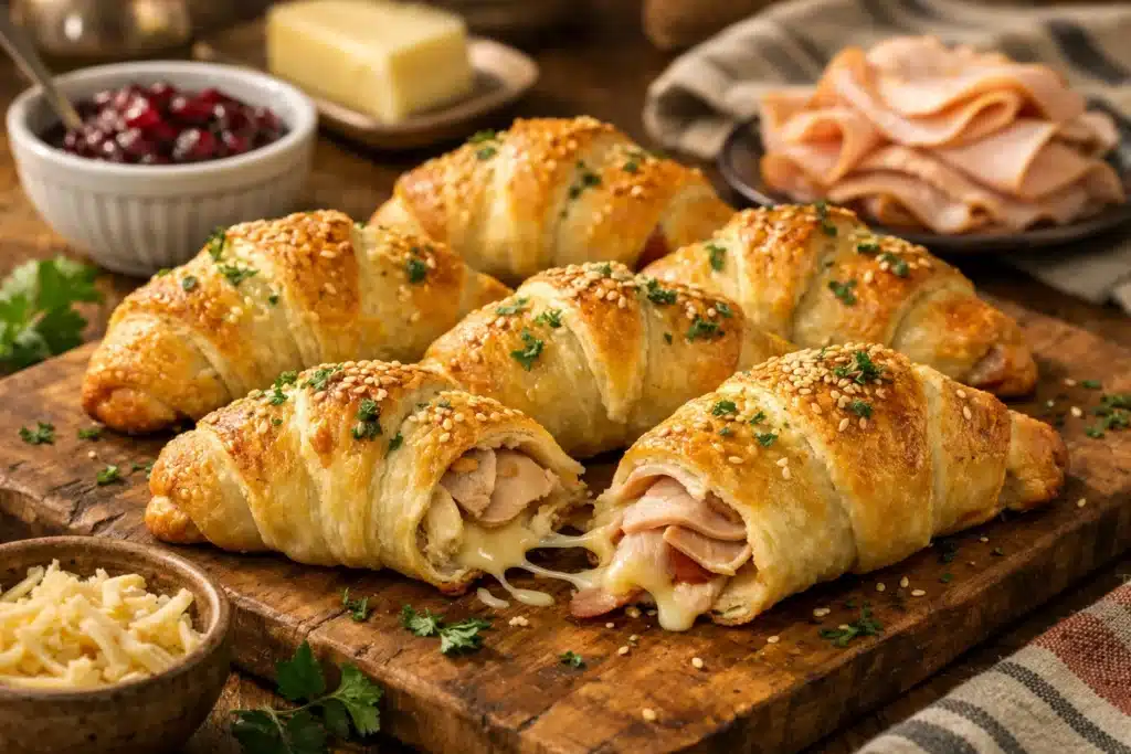 Turkey and Cheese Crescent Rolls baked and served on a plate