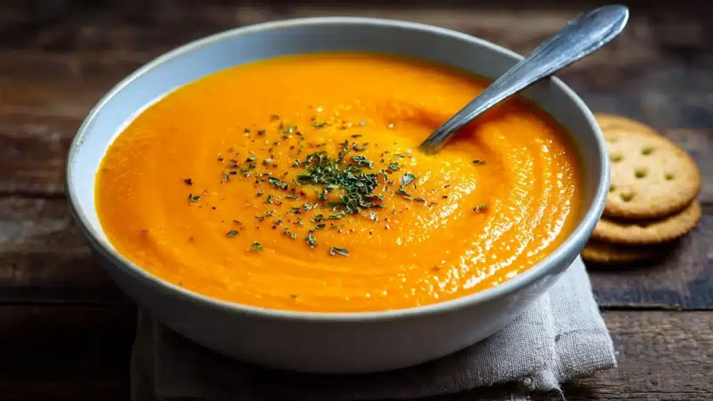 Bowl of vibrant vegan carrot ginger soup garnished with fresh herbs.