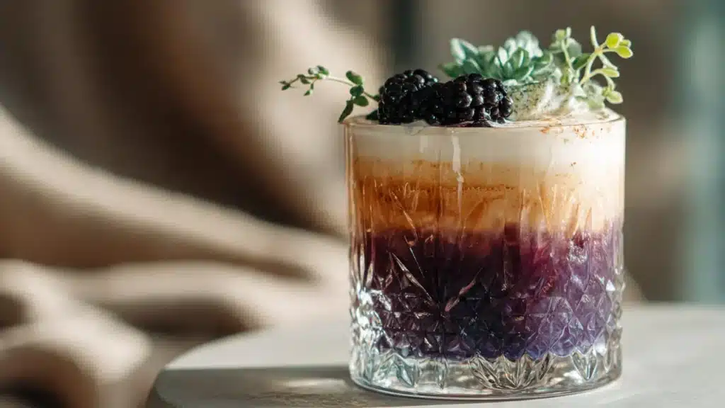 A refreshing cup of Blackberry Sage Cold Brew topped with creamy oat cream.