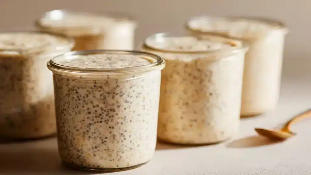 Bowl of Brown Sugar Overnight Oats topped with fresh fruits and nuts